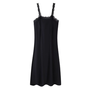 Vestito Maxi In Raso Da Donna Pizzo Patchwork Spalline Sottili Elegante Effetto Raso Lungo Sottoveste Nero Tinta Unita