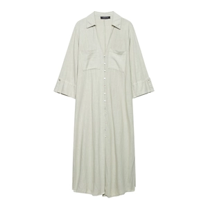 Minimalist Sage Green Maxi Shirt Dress For Women V Neck Button Down Short Sleeve Casual Vacation Linen Look Summer Dress