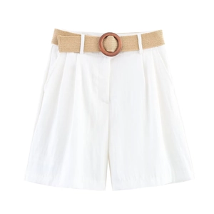 Women's white high-waist Bermuda shorts with a khaki woven belt and round wooden buckle