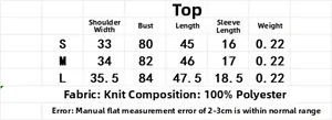 Size chart for women's knit top showing S, M, L dimensions and polyester material info