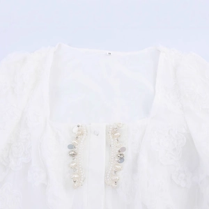 White square neck dress with 3D floral lace and pearl embellishments in summer style
