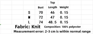 Size chart for women's knit top with sequins detailing bust and length measurements