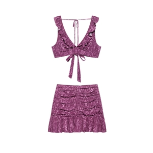 Purple Paisley Print Ruffle V Neck Camisole Top And Ruched Mini Skirt For Women Summer Streetwear Vacation Outfits