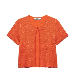 Women Sexy Orange Sequin Knit Short Sleeve Cardigan And Shiny Camisole Top Streetwear Summer Party Glitter Knitted Top