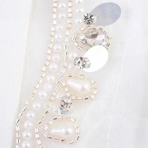 Elegant white square neck dress with handmade 3D floral pearls and crystal embroidery