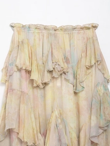 Detail of layered chiffon floral skirt with ruffled elastic waist in macaron tones