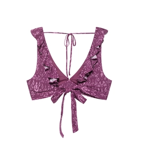 Women's summer purple printed bikini top with ruffle V-neck and halter tie-back style