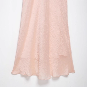 Pink crinkled satin midi dress with elegant A-line silhouette and silky draped fabric