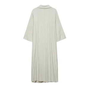 Minimalist linen shirt dress for women with short sleeves and side slits in beige color