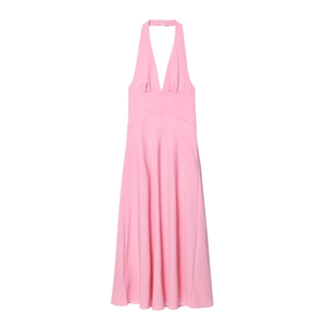 Women Elegant Pink Halter Deep V Neck Maxi Dress High Waist Sleeveless A Line Backless Summer Vacation Party Dress