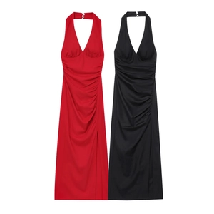 Women's Sexy Halter Neck Maxi Dress Deep V Ruched Side Split Sleeveless Backless Summer Party Clubwear Evening Gown