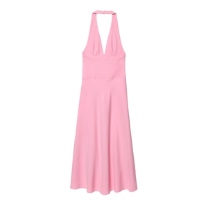 Elegant pink halter midi dress with deep V-neck and open back design for summer wear