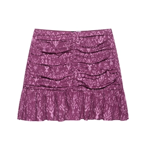 Summer floral print midi skirt with ruched details and ruffled hem in magenta