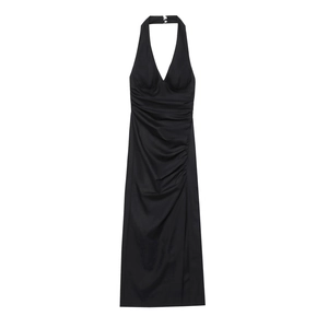 Elegant black halter neck midi dress with ruched waist and side slit detail in matte finish