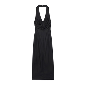 Chic black halter neck midi dress with deep V-neckline and pleated waist detailing