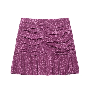 Summer purple floral ruched mini skirt with chic tribal print and ruffled hemline