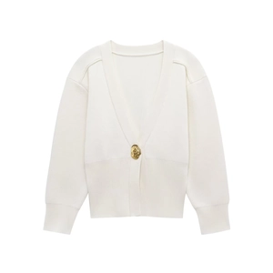 Elegant white knit cardigan for women with deep V-neck and decorative gold button
