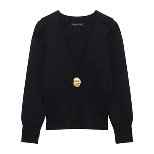 Elegant black knit cardigan for women featuring a deep V-neck and unique gold metal button