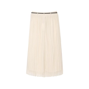 Jupe mi-longue plissée beige élégante pour femme avec fine ceinture noire et taille élastique