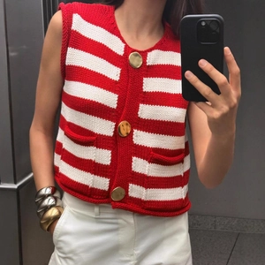 Damen Französisch Retro Rot Weiß Horizontal Gestreift Strickweste U-Ausschnitt Ärmelloser Pullover Mit Großen Goldknöpfen Mode Top