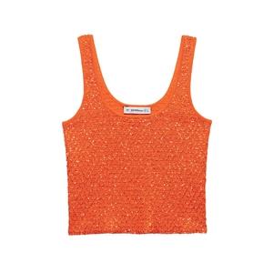 Sparkling orange sequined sleeveless knit top for women with slim fit design