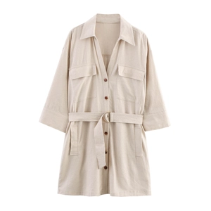 Women Casual Linen Cotton Blend Shirt Dress With Belt Lapel V Neck Button Down Front Pocket Half Sleeve Midi Summer Dress