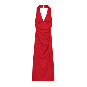 Red halter neck midi dress with deep V-neckline, ruched waist detail and side slit
