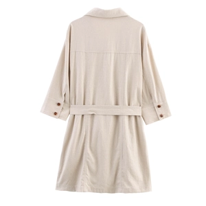 Back view of a beige linen midi dress with a lapel collar, tied waist, and half-sleeves