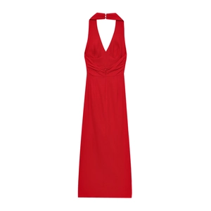 Elegant bright red halter neck midi dress with slim fit and waist pleats for women