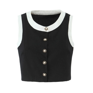 Women's chic black vest with contrast white trim and elegant pearl buttons