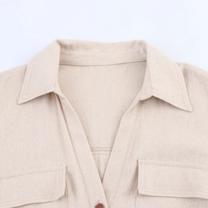 Beige loose linen shirt dress with lapel collar and chest pockets, 2025 summer style