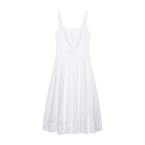 Women Summer Elegant Midi Suspender Dress Square Neck Waist Cinching Balloon Hem Solid Color Polyester Casual Vacation Dress