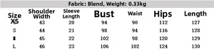 Detailed size chart for women's V-neck printed dress with measurements in XS to L