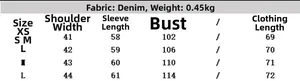 Size chart for women's denim shirt including shoulder, sleeve, chest and length data
