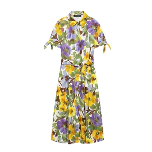 Women Summer Floral Print Shirt Dress Short Sleeve Turn-down Collar Button Up A-Line Maxi Dress With Belt Bowtie Cuffs