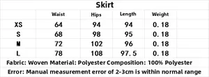 Detailed size chart for elegant floral print long skirt in sizes XS to L with 100% polyester