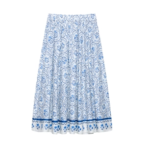 Jupe midi 2025 pour femmes avec imprimé floral bleu et taille élastiquée