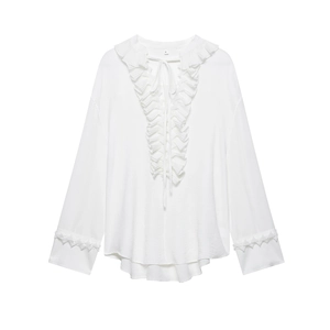 Women's white V-neck long sleeve blouse with elegant ruffle trim and bow tie detail