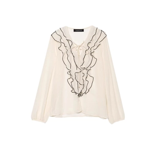 Elegante Camicetta da Donna con Scollo a V e Volant Maniche Lunghe Bordo a Contrasto Nero Allacciata Top Casual da Ufficio