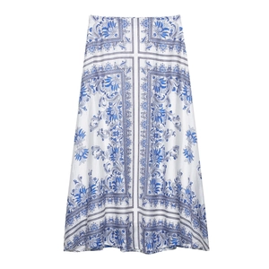 Elegant Vintage Blue White Floral Print Maxi Skirt Women High Waist A-Line Bohemian Flowy Long Skirt For Summer Vacation