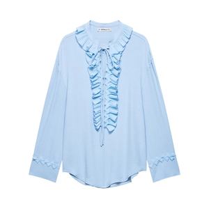Elegant sky blue V-neck blouse with ruffled collar and geometric cuffs in relaxed fit