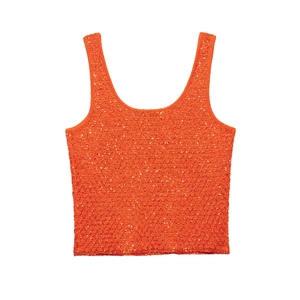Orange sequined knitted vest for women with a round neck and sleeveless summer design