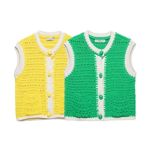 Gilet Donna in Maglia all'Uncinetto con Blocchi di Colore Traforato Senza Maniche Scollo Rotondo Bottoni Poliestere