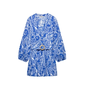 Robe Mini Imprimé Paisley Bleu Col en V Avec Ceinture Broderie Ajourée Manches Lanterne Décontractée Vacances Ligne A