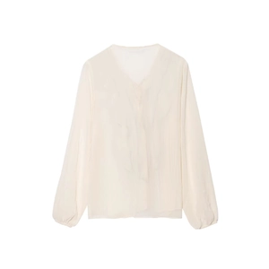 Elegante camicetta in chiffon bianco crema con scollo a V, lacci e maniche a lanterna