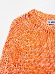 Detailed close-up of orange hollow-out knit sweater showing round neckline and texture