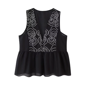 Women's V-neck sleeveless black shirt with white wavy embroidery and peplum hem