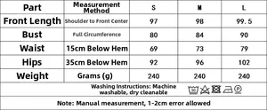 Detailed size guide table for elegant lace layered summer dress showing S, M, L dimensions