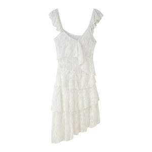 Elegant White Lace Midi Dress Elegant V-Neck Ruffle Shoulder Strap Layered Cake Skirt Irregular Hem Summer Party Dress Women