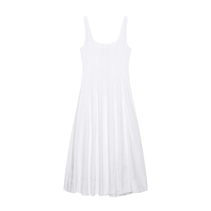 Minimalist white midi sun dress with U-neckline and elegant pleated flared skirt